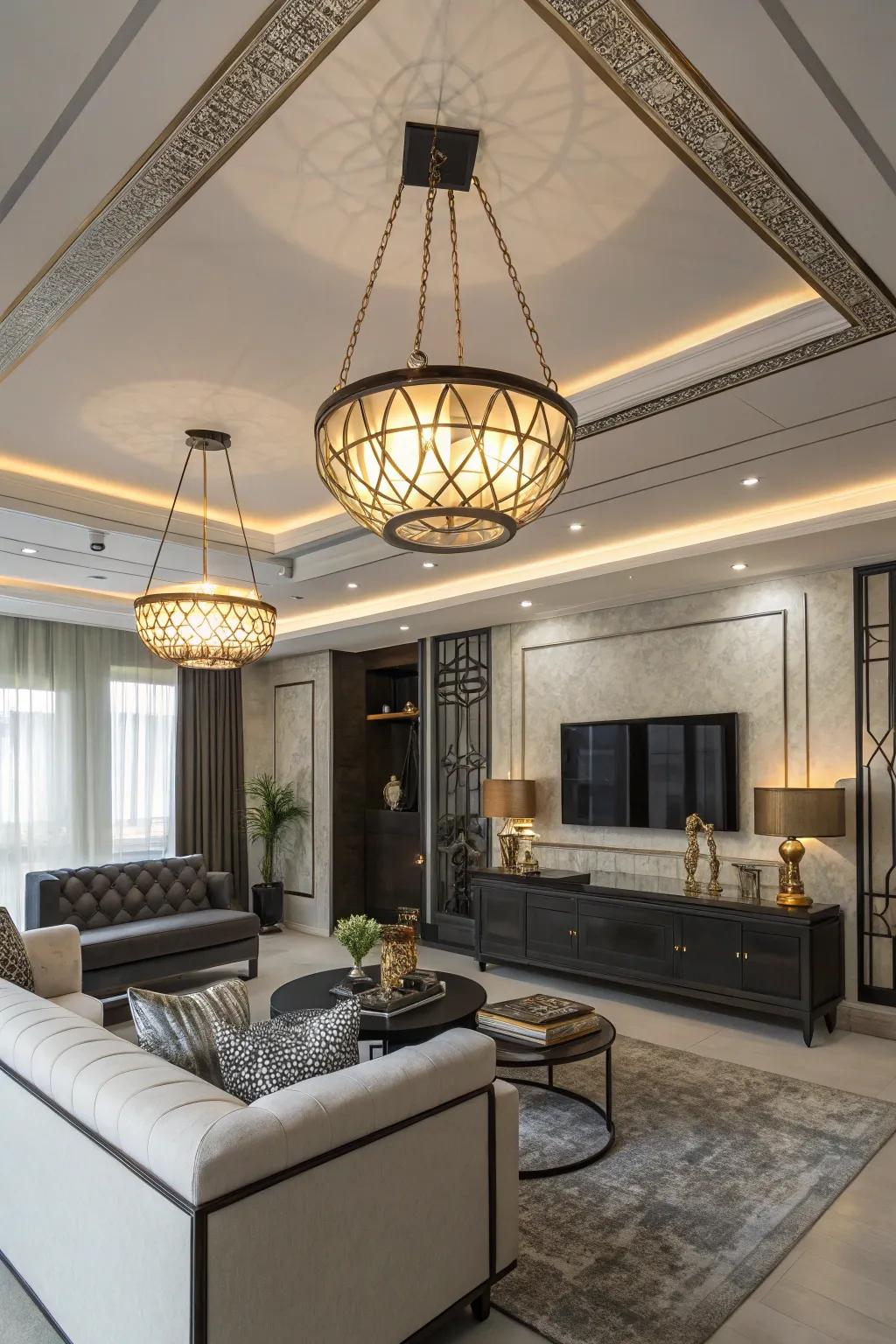 Blended metallic components inject depth into this chic family room.