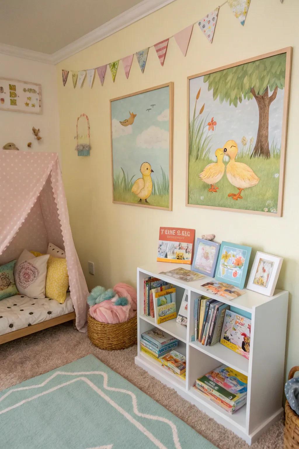 Nursery rhyme fledglings fashion a whimsical, storybook atmosphere.