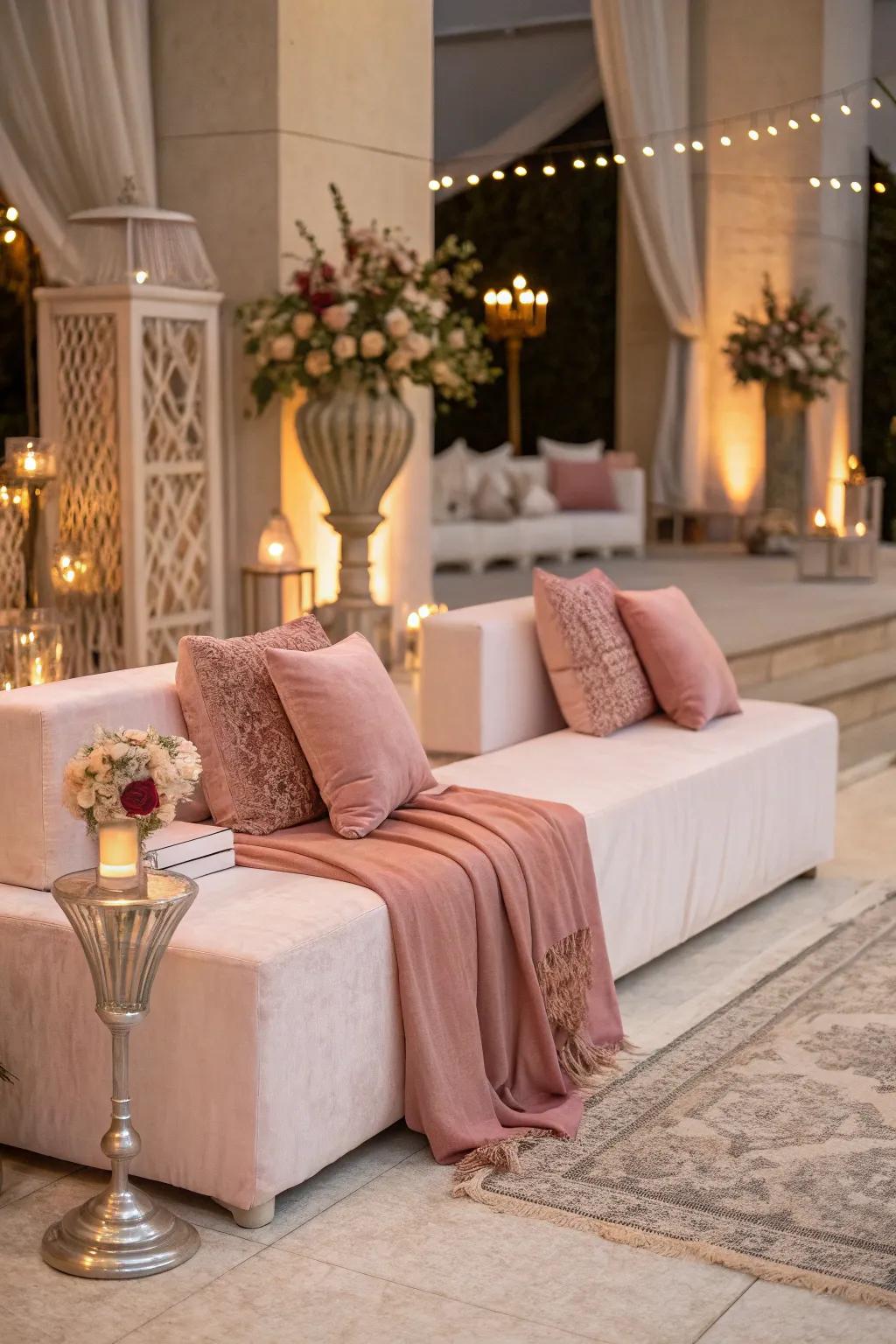 Cozy lounge area with soft blush accents.
