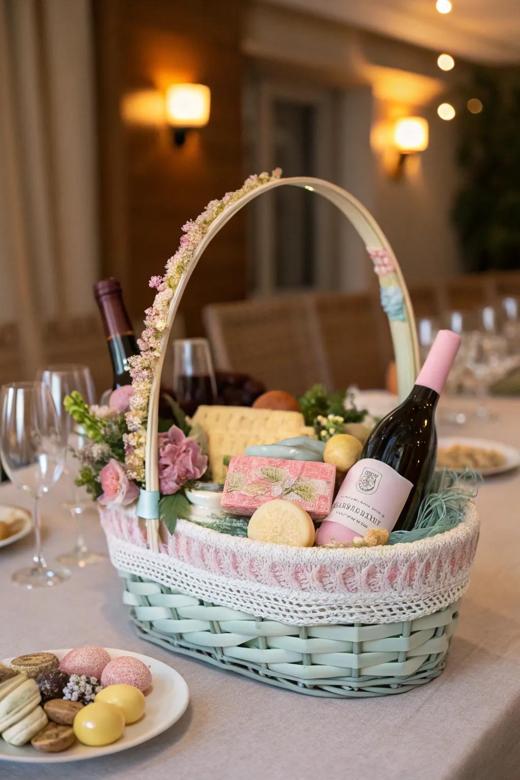 Vesper of wine and cheese Easter basket purposed for a refined commemoration.