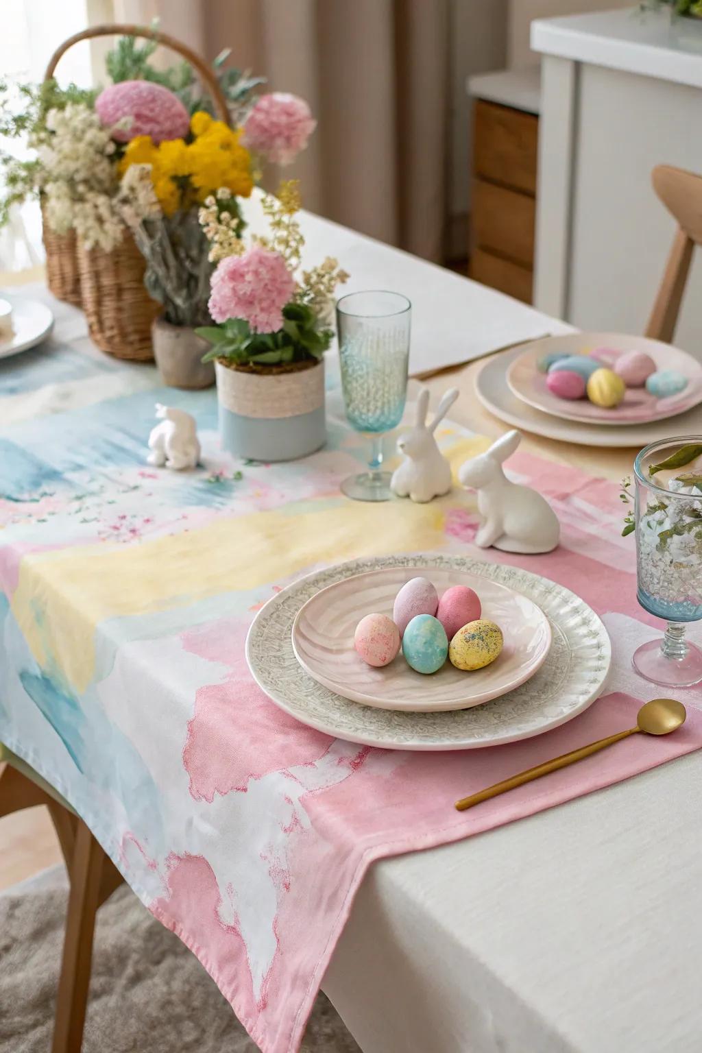 A unique and artistic flourish is added by a painted table runner.