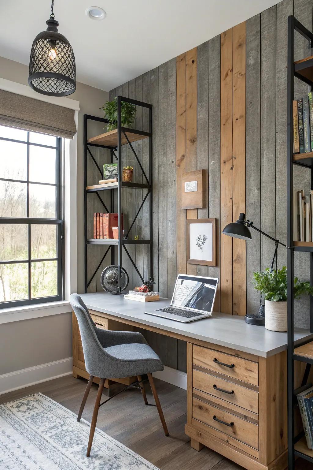 Blended material walls craft a dynamic and industrial aesthetic.