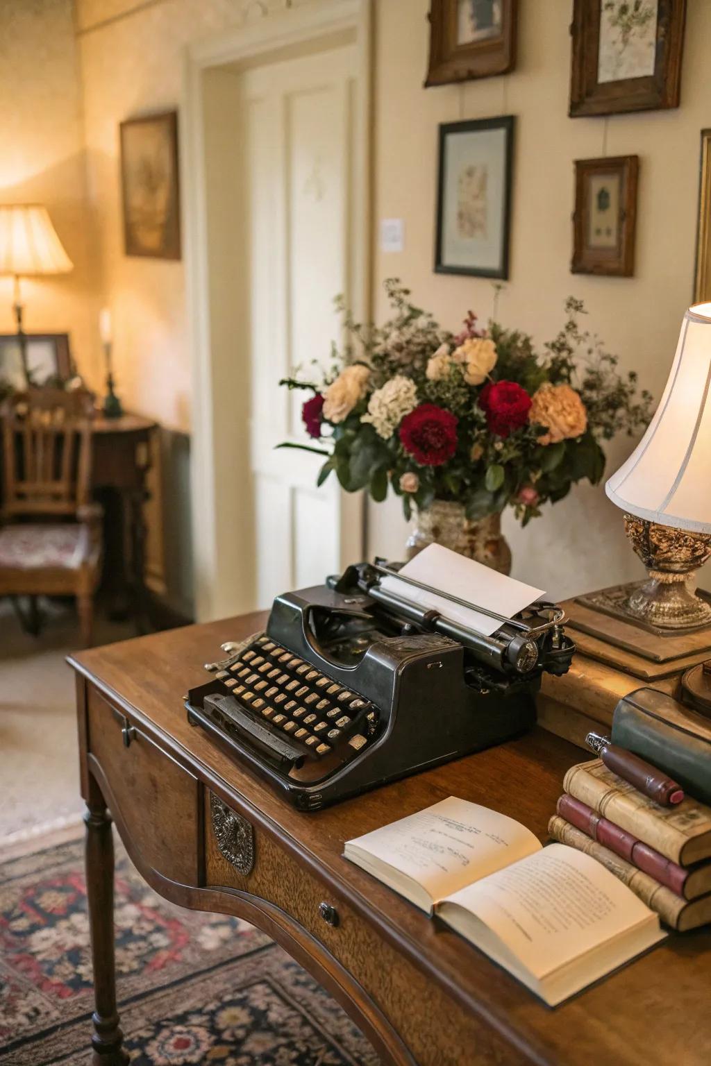 A room with an unexpected old typewriter as a conversation piece.