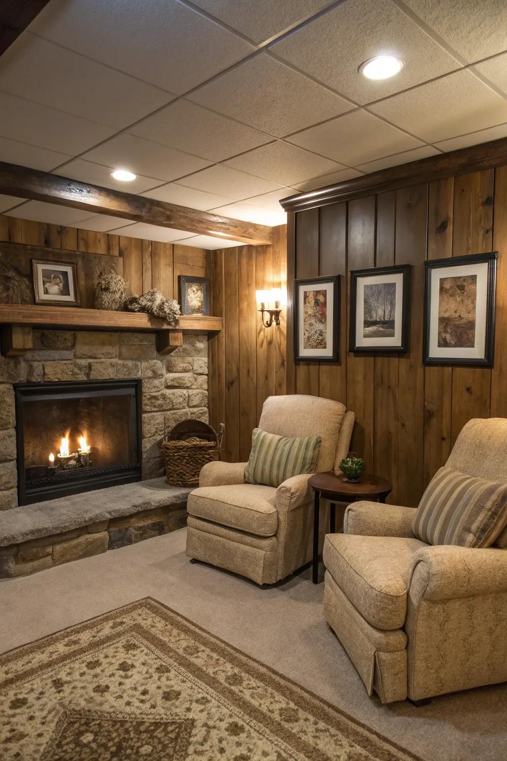 Gather around the warmth with a basement fireplace corner.