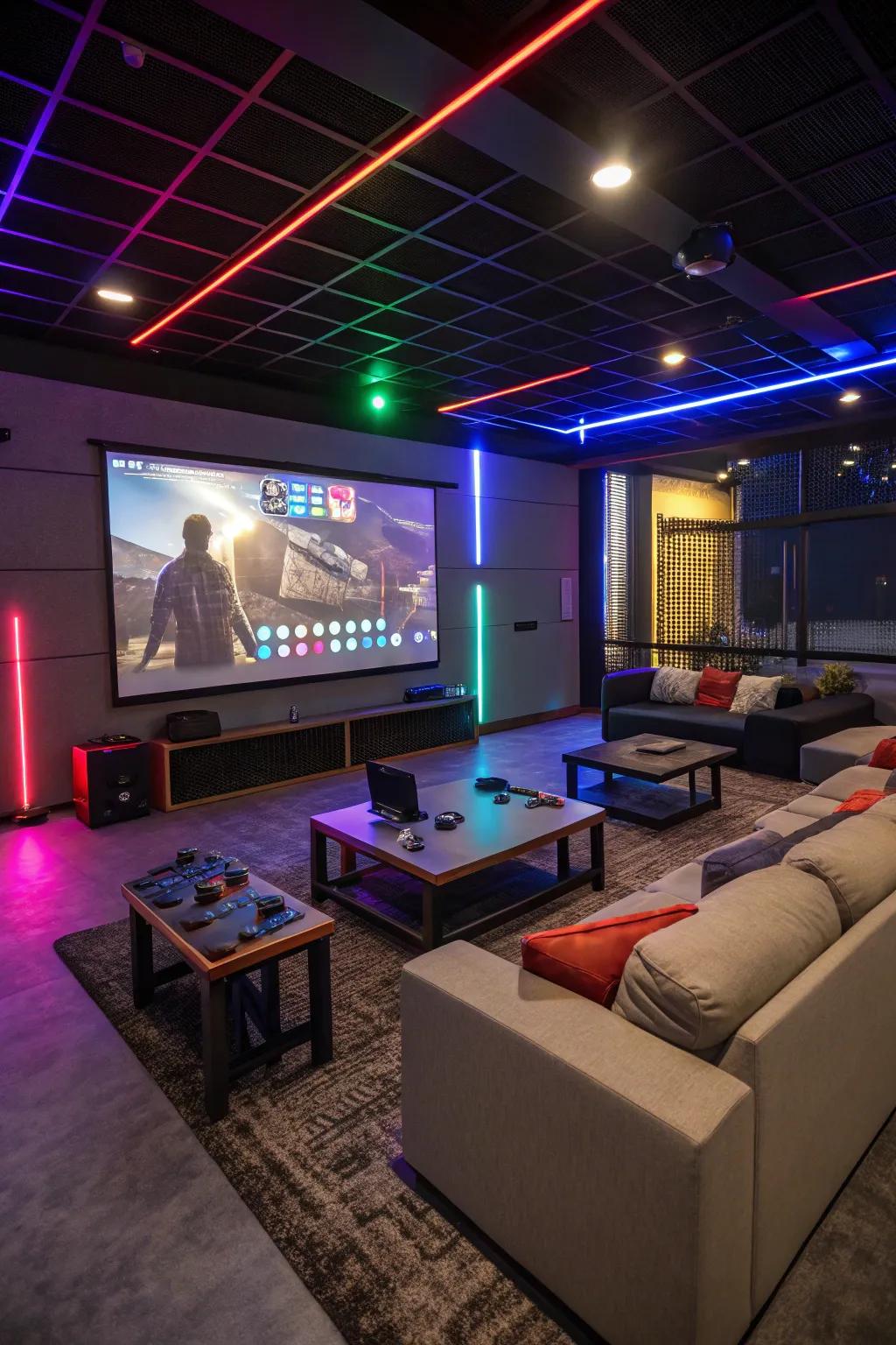 Engage completely in entertainment with a multimedia lounge crafted for games and cinema.
