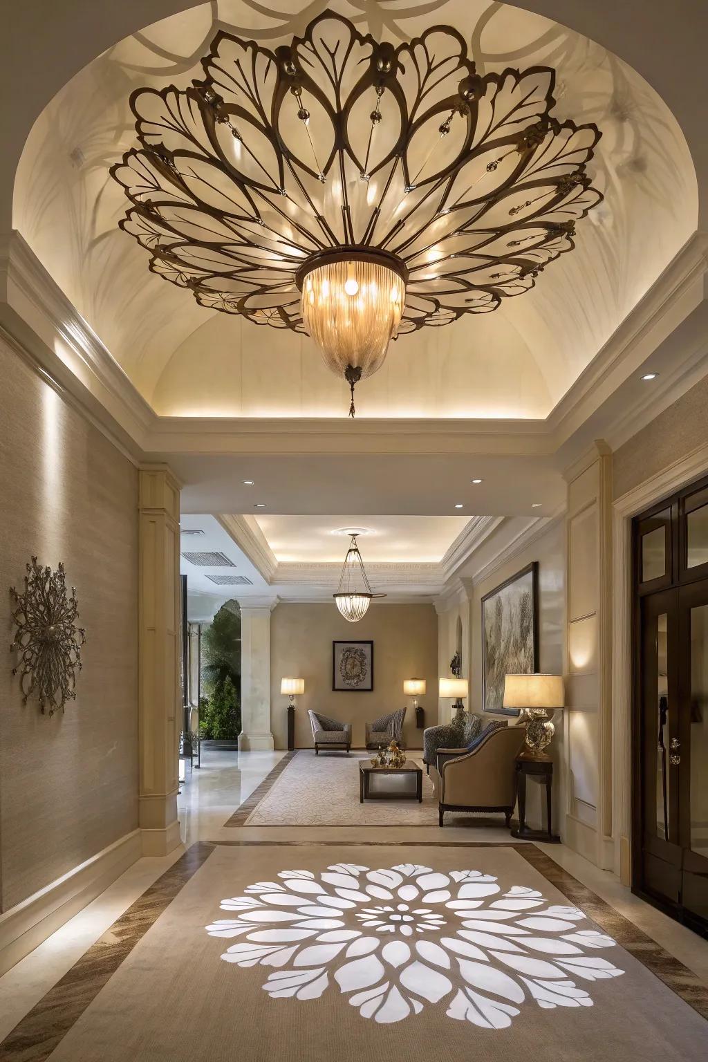 A carved roof fixture creates a dramatic effect in this foyer.