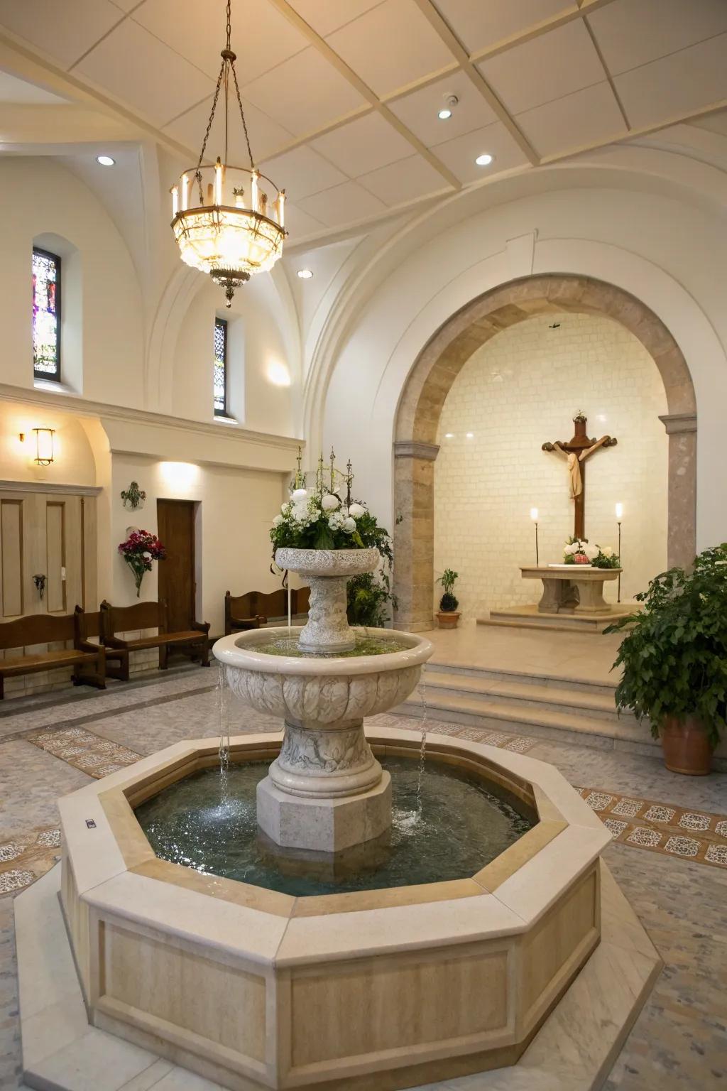 A small water feature adds tranquility to the church foyer.