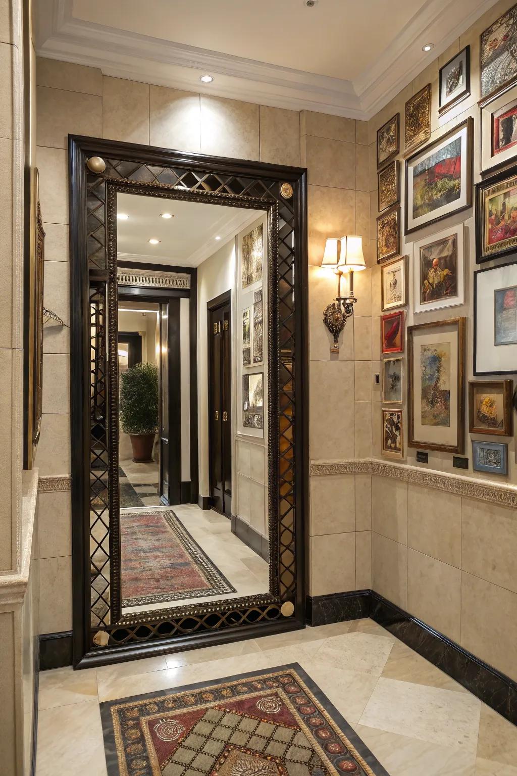 Layering art over a mirror adds an artistic and unique touch to the entryway.