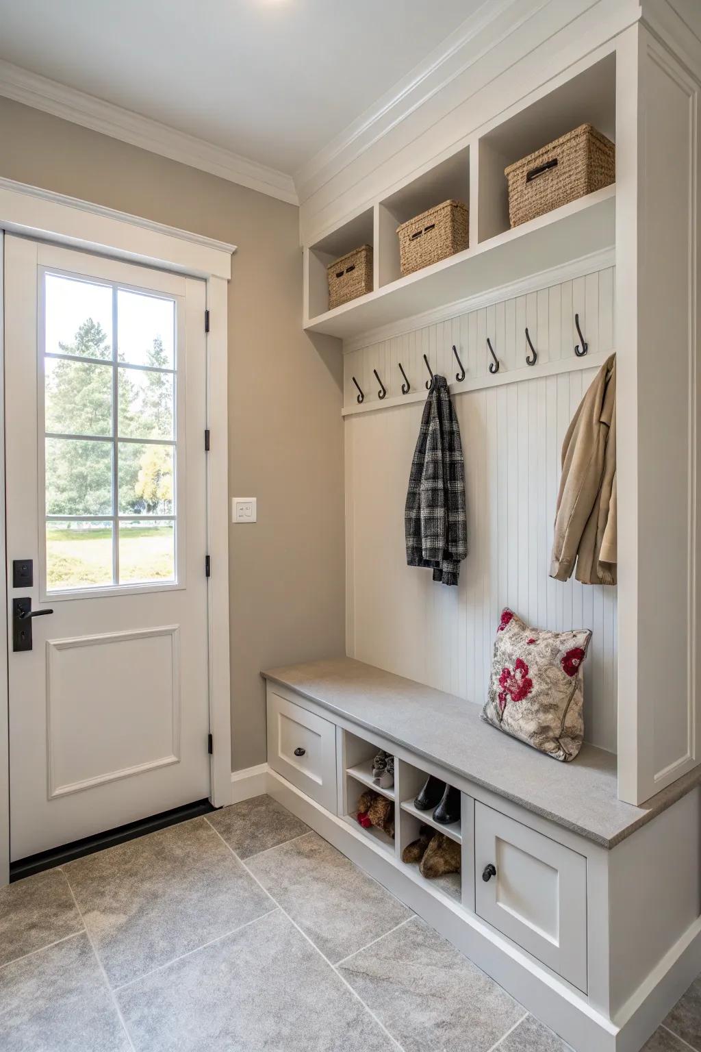 A minimalist approach aids in preserving a serene and uncluttered ambiance in this mudroom.