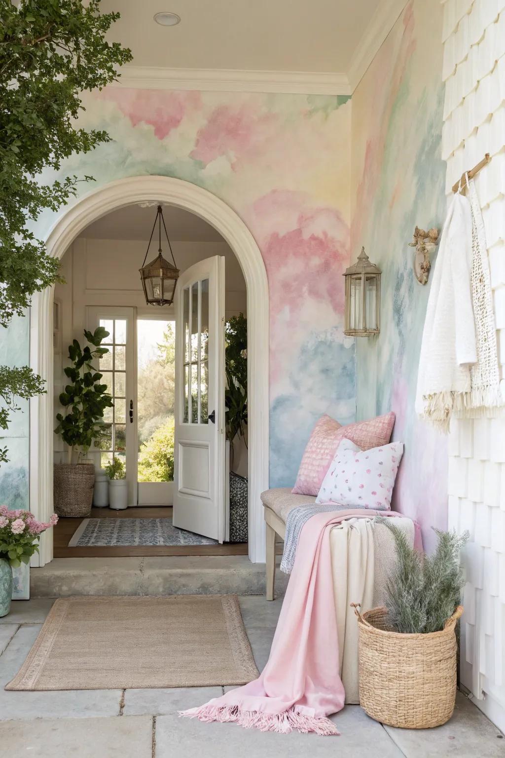A dreamy entryway showcases watercolor wallpaper, extending a gentle welcome.
