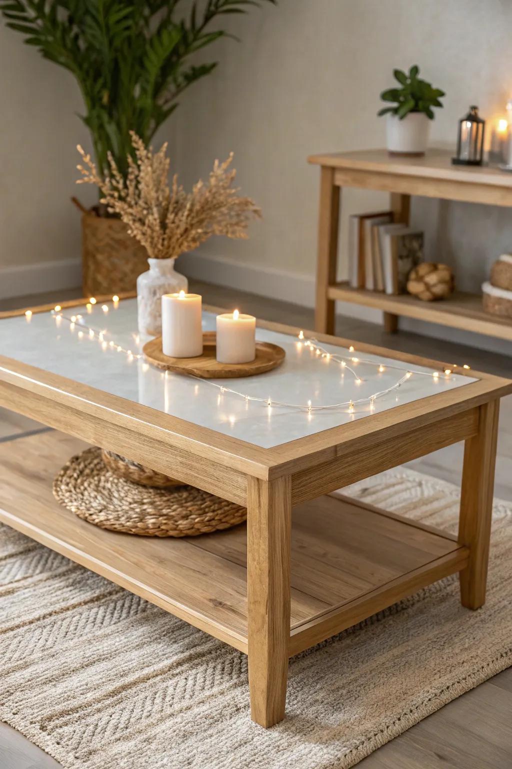 Illuminate your area through the captivating luminescence of optical fibers featured in this singular epoxy coffee table.