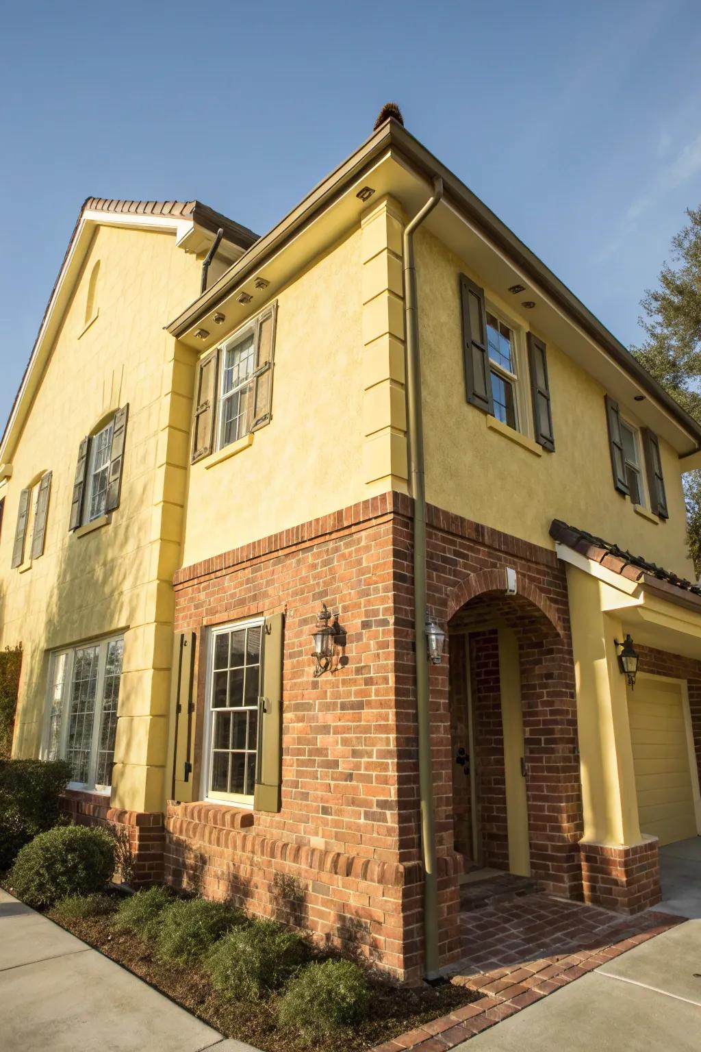 Muted goldenrod brings cheer to classic brick.
