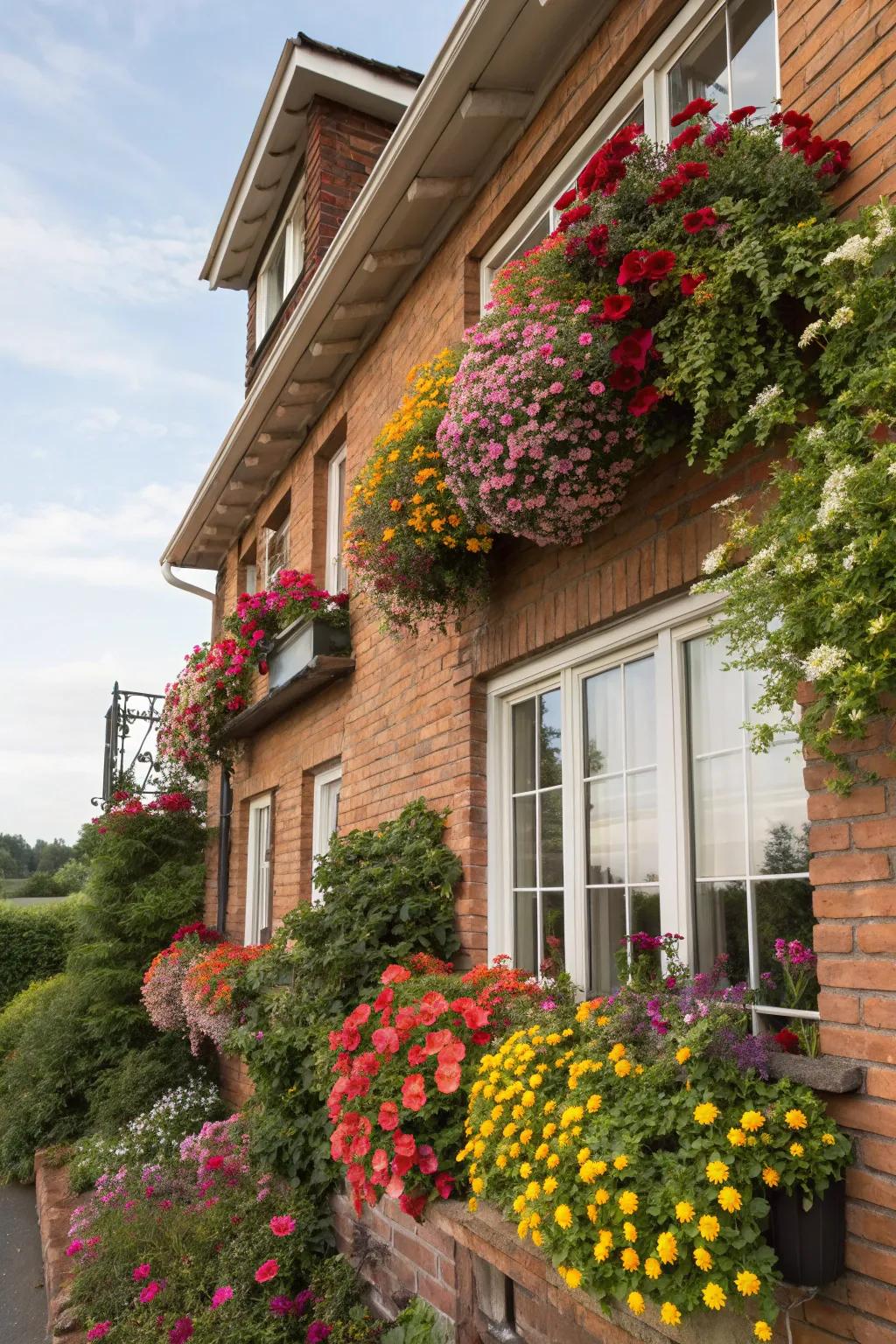 Window boxes bring a splash of color to any brick home.