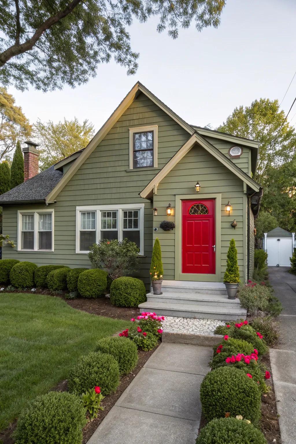 Soft olive and red for a unique take.