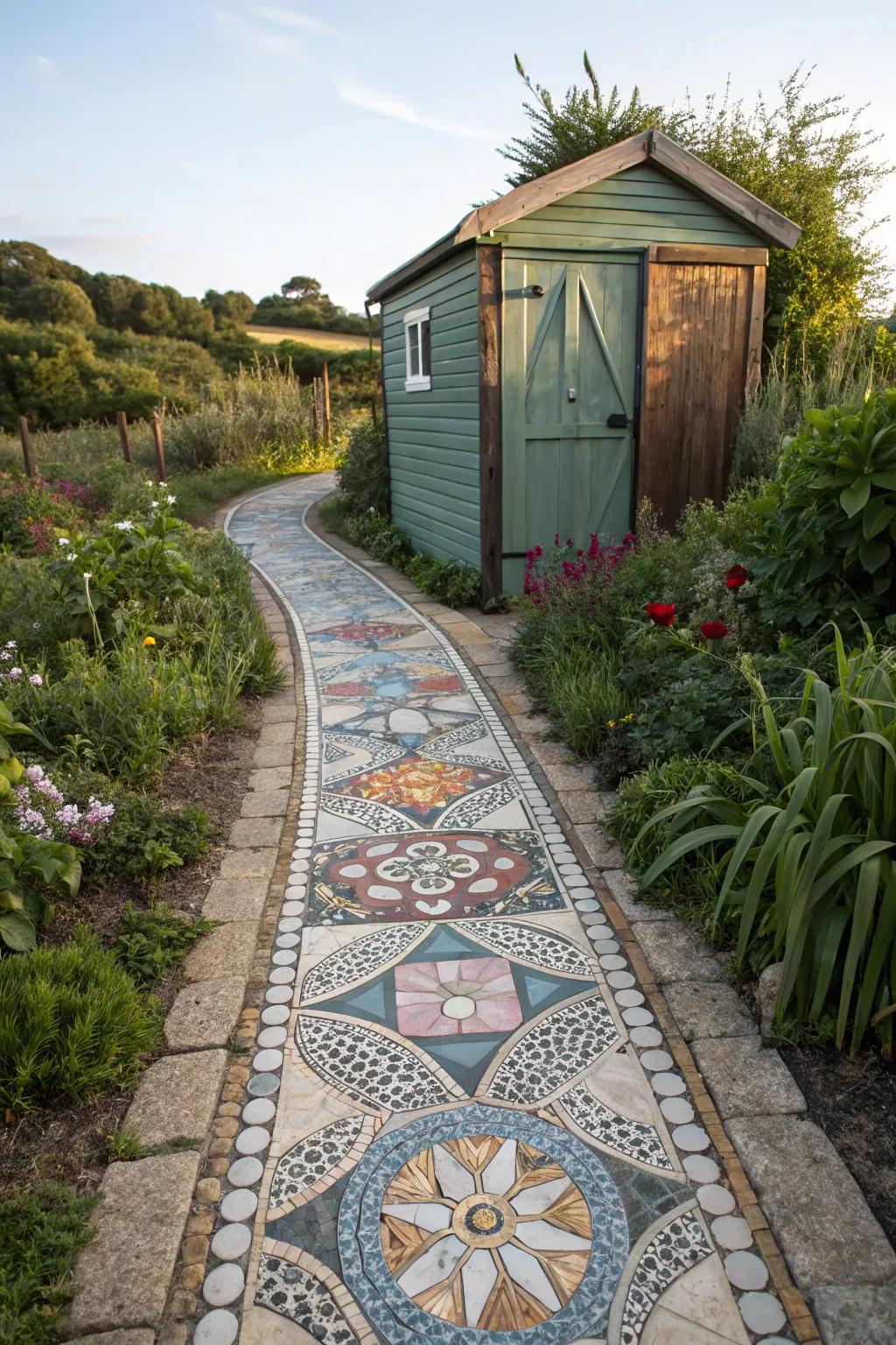 A mosaic walkway crafts an artistic approach.