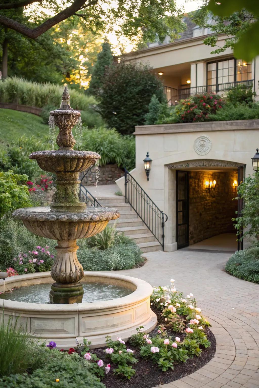 An elegant fountain adds tranquility to the entrance of a basement.