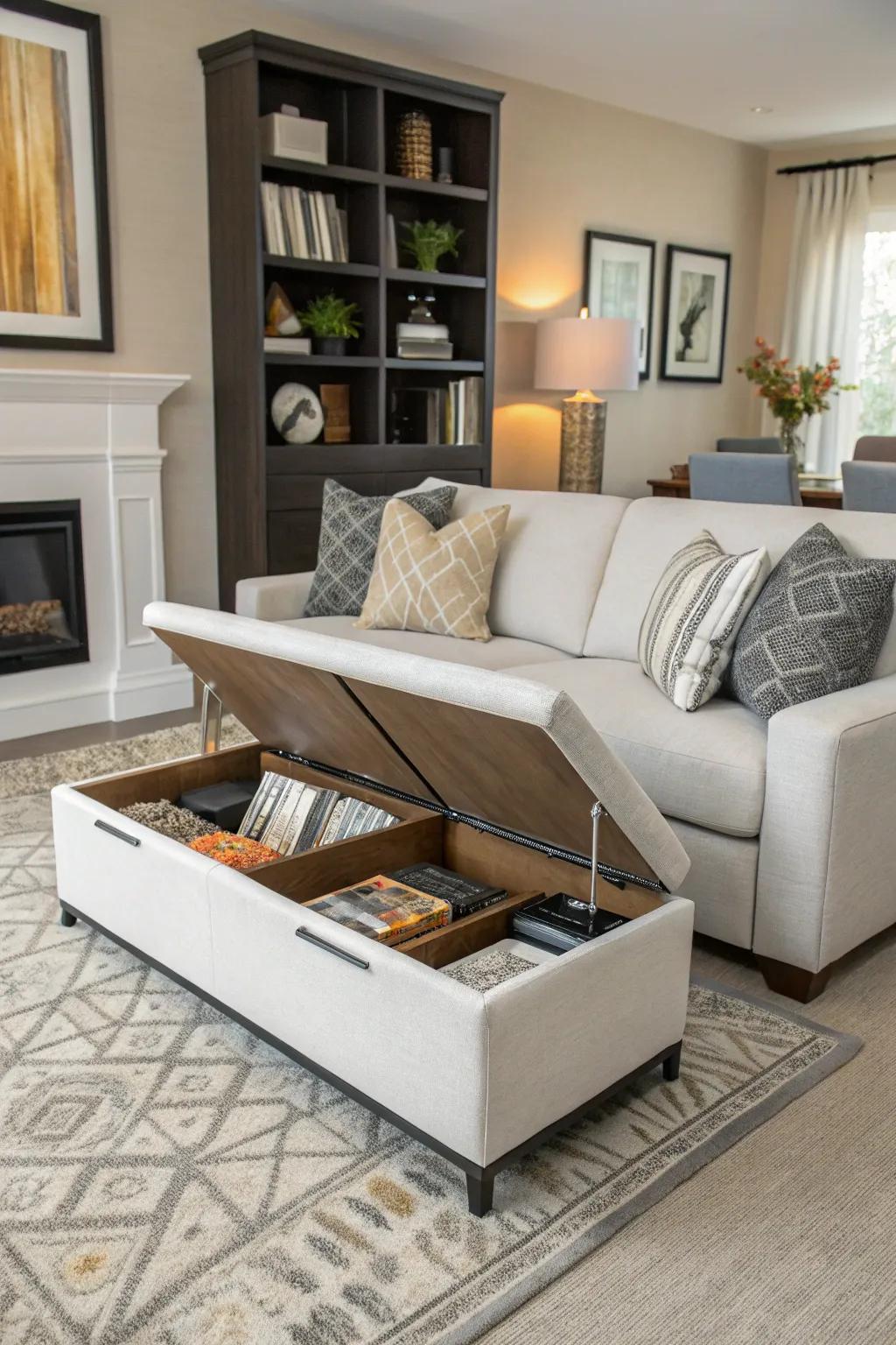 Seats with concealed storage blend practicality and elegance.