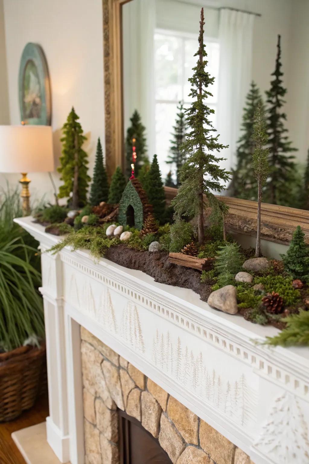 A whimsical fall mantel presenting a miniature woodland scene.
