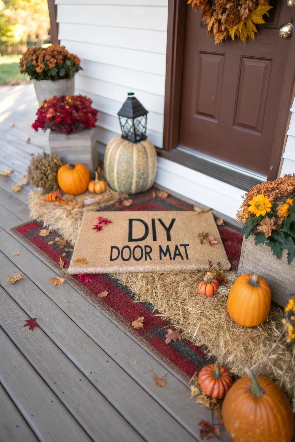 A DIY door mat adds a personal and welcoming touch to the fall setup.