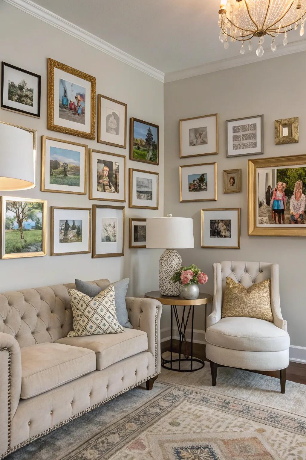 Artistic pieces elevate a family photo wall.