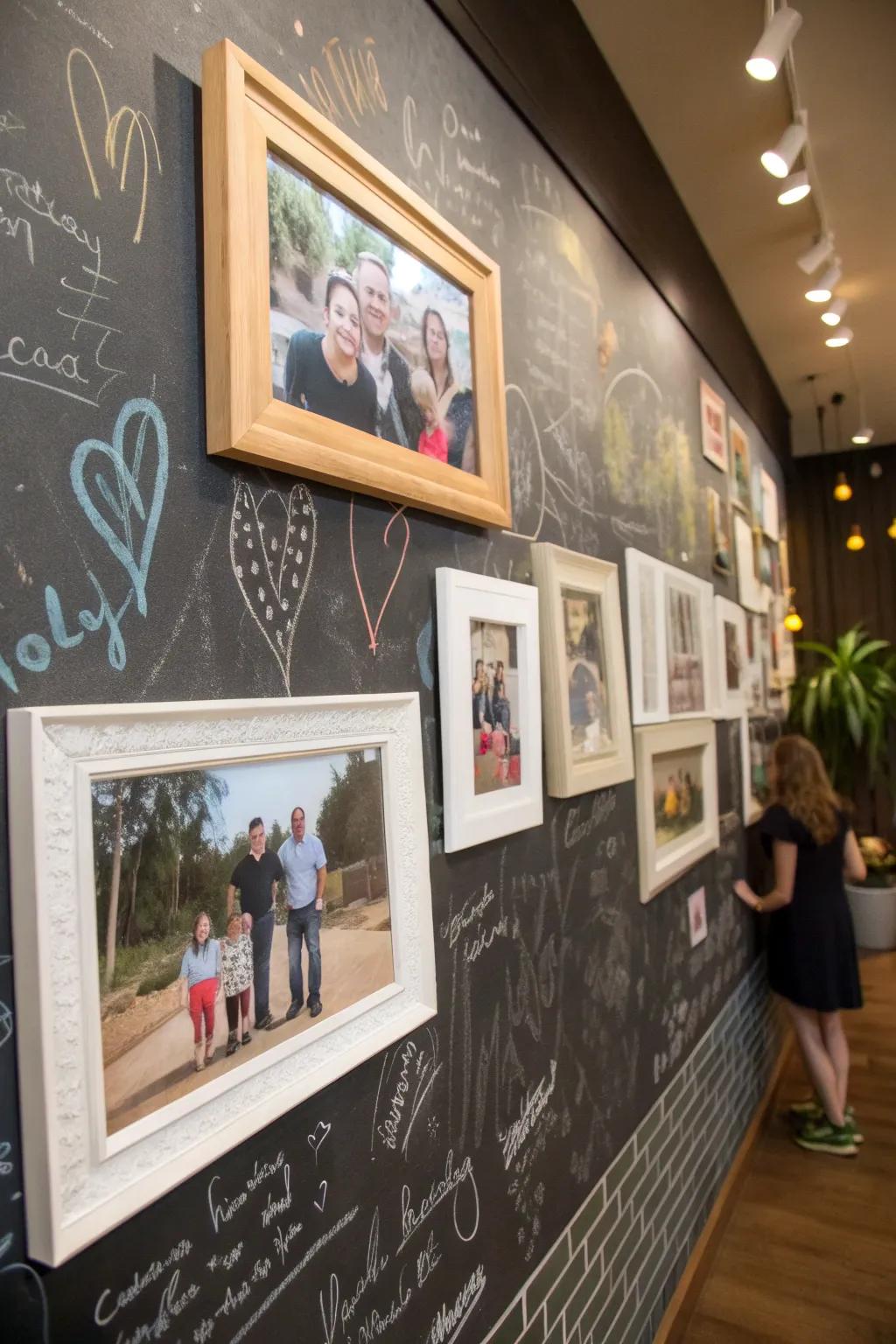 Chalkboard wall with personalized photo display.