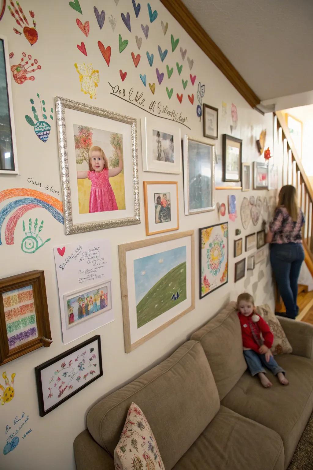 A creative fusion of children's artistry and family imagery upon the wall.