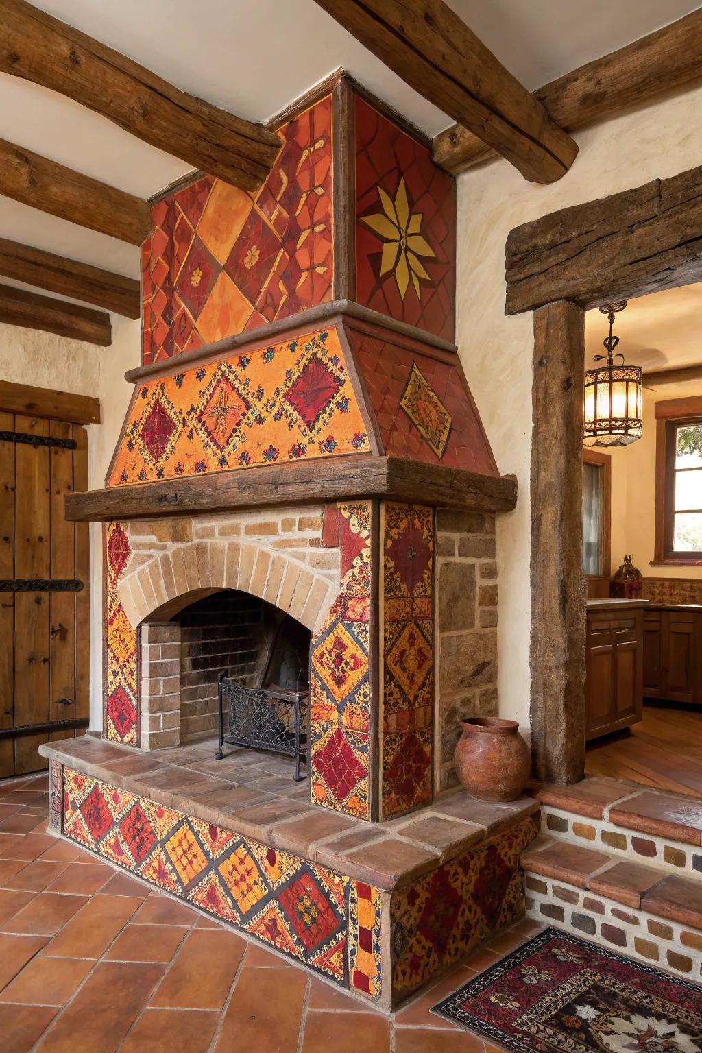 Southwest-inspired hues adding flair to a farmhouse fireplace.
