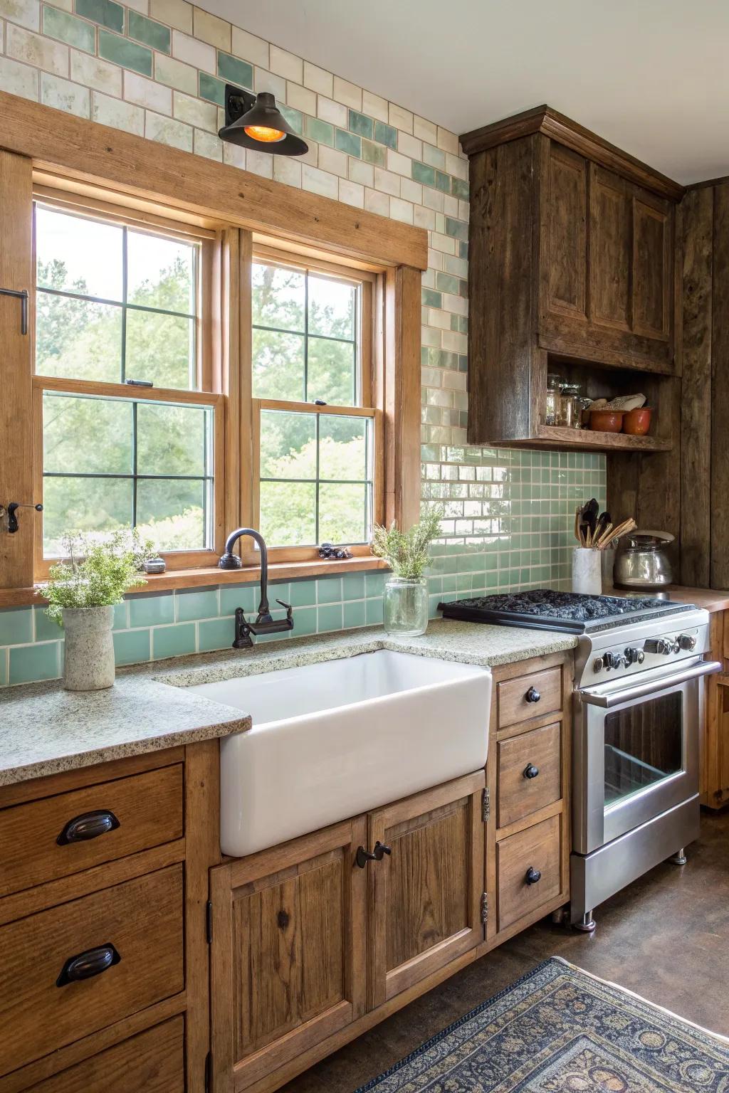 A farmhouse kitchen featuring irregular texture glass work.