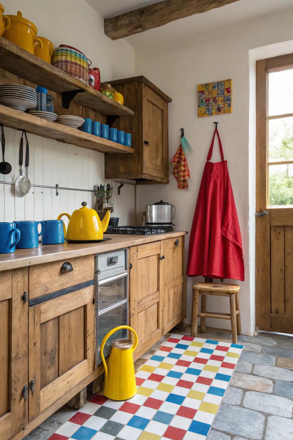 Unexpected color pops bringing vitality to a farmhouse kitchen decor.