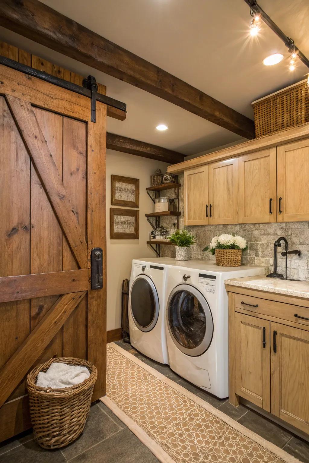 Barn door cupboards infuse this laundry area with rustic charm and style.