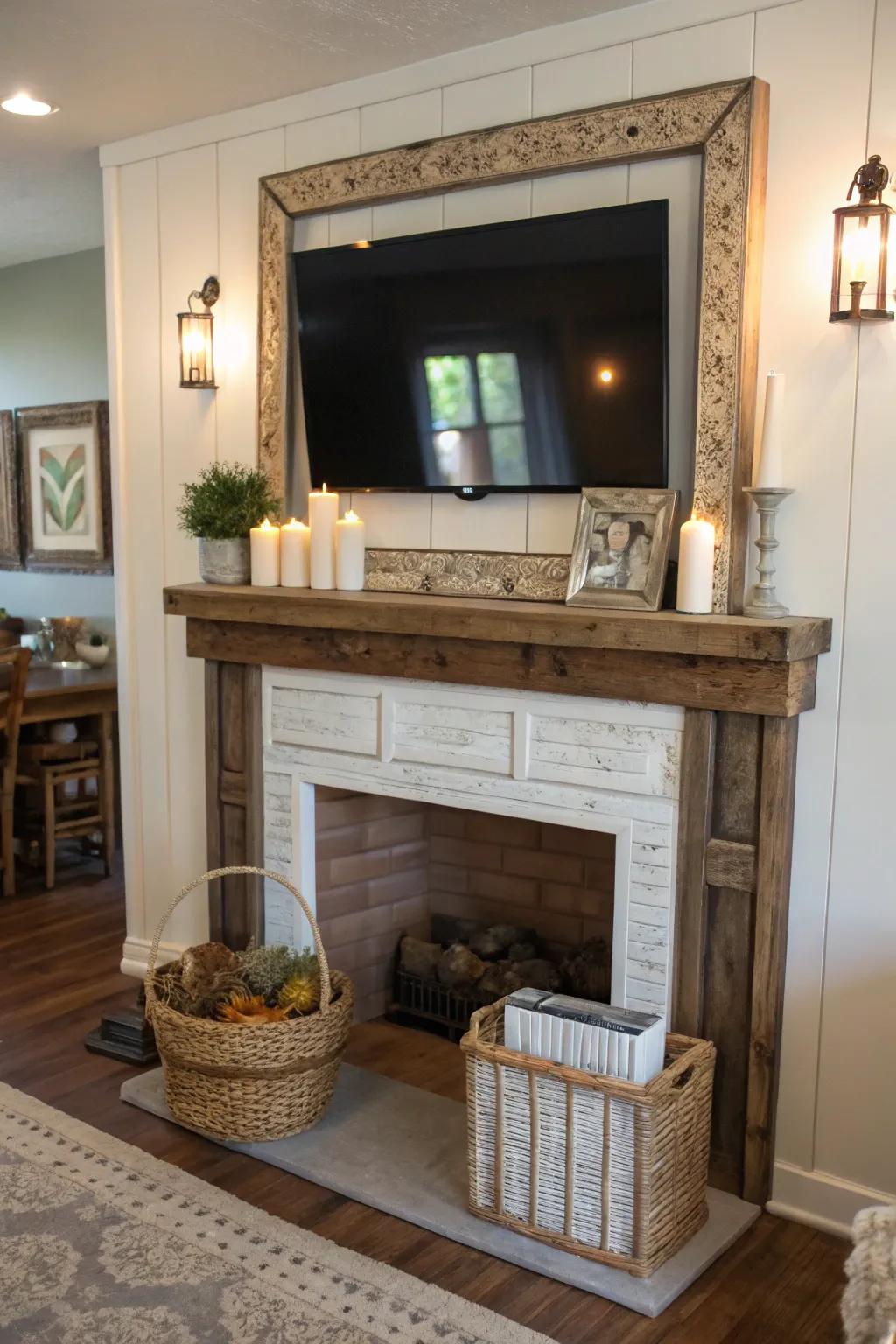 A farmhouse mantel, featuring a TV above, elevated by a fashionable replica frame.