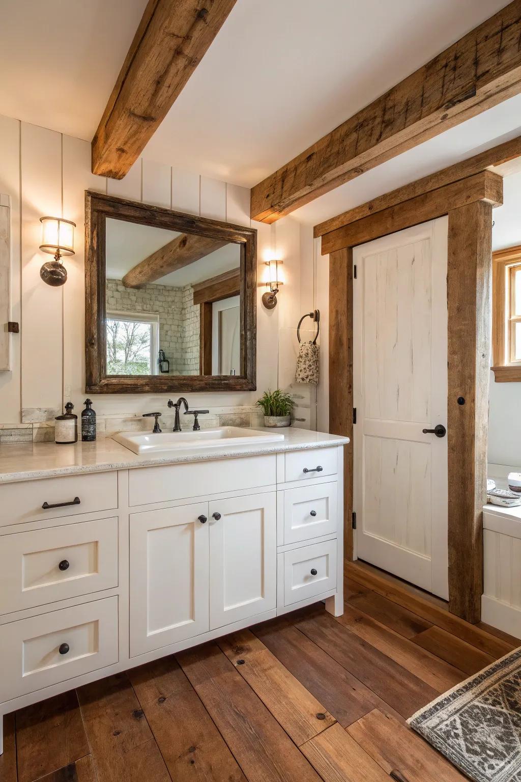 White shaker cupboards deliver a timeless aesthetic in this farmhouse bathroom.