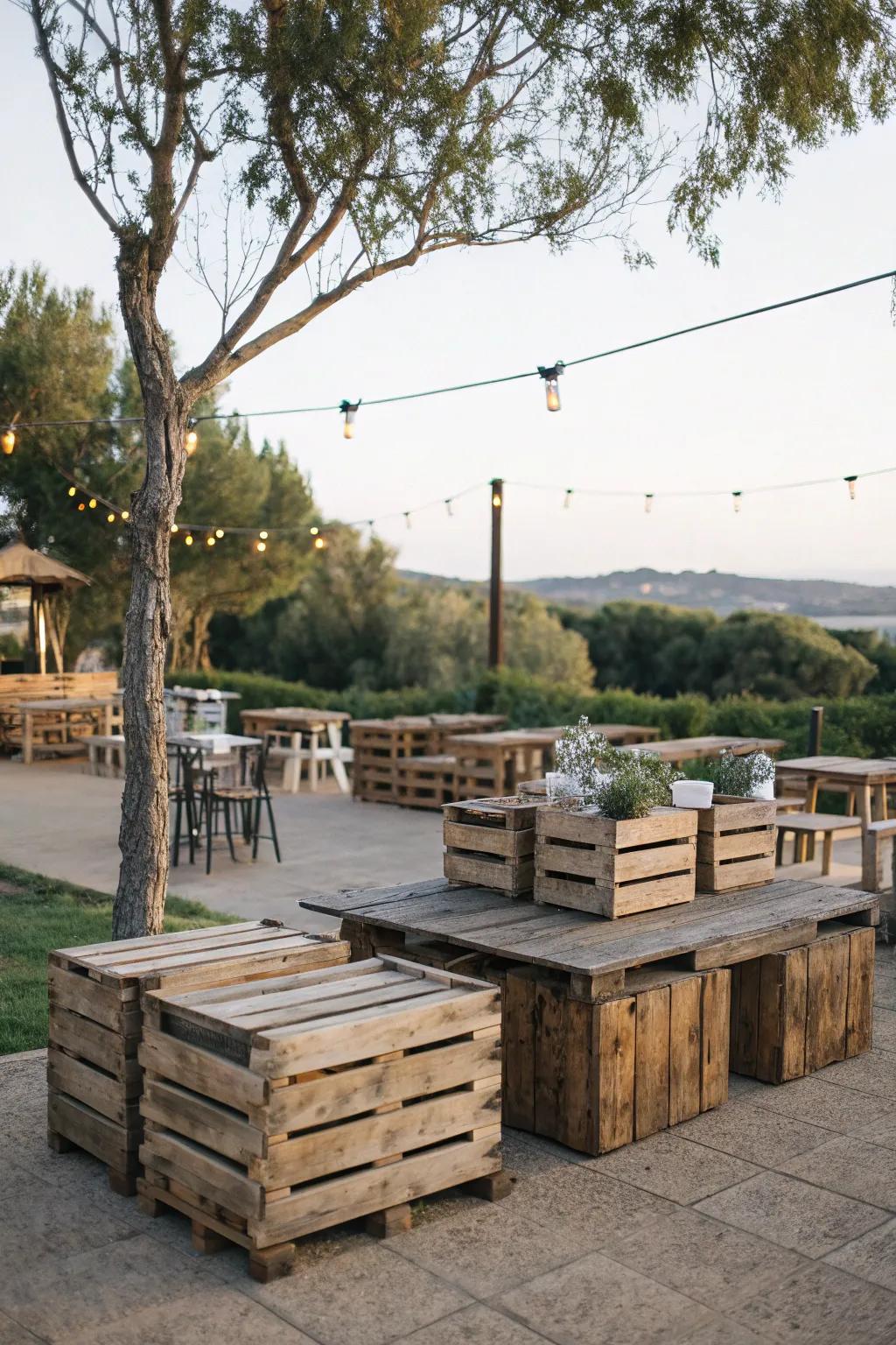 Host a rustic exterior gathering via container furniture.