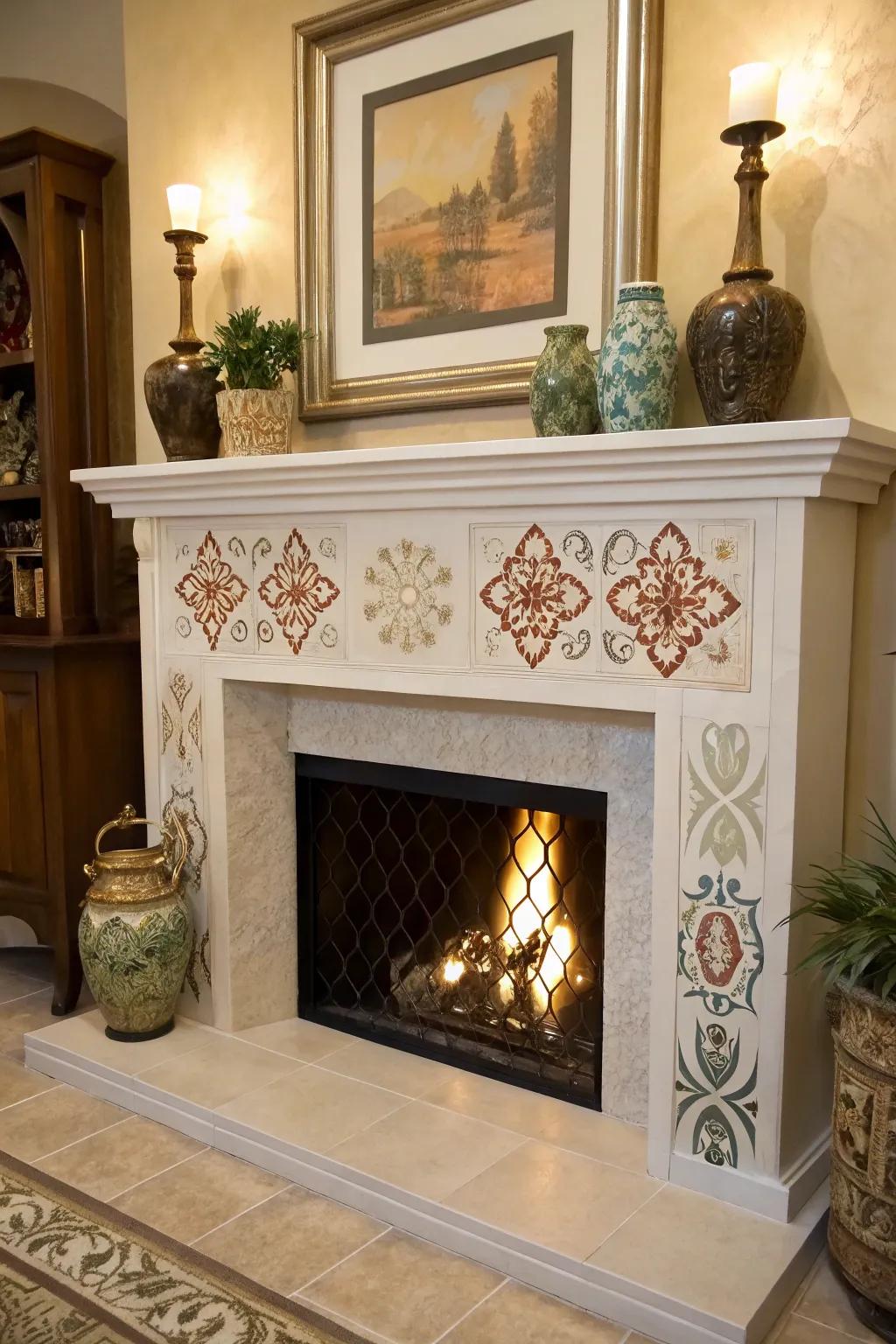 An imitation fireplace showcasing an artistic stenciled firebox design.