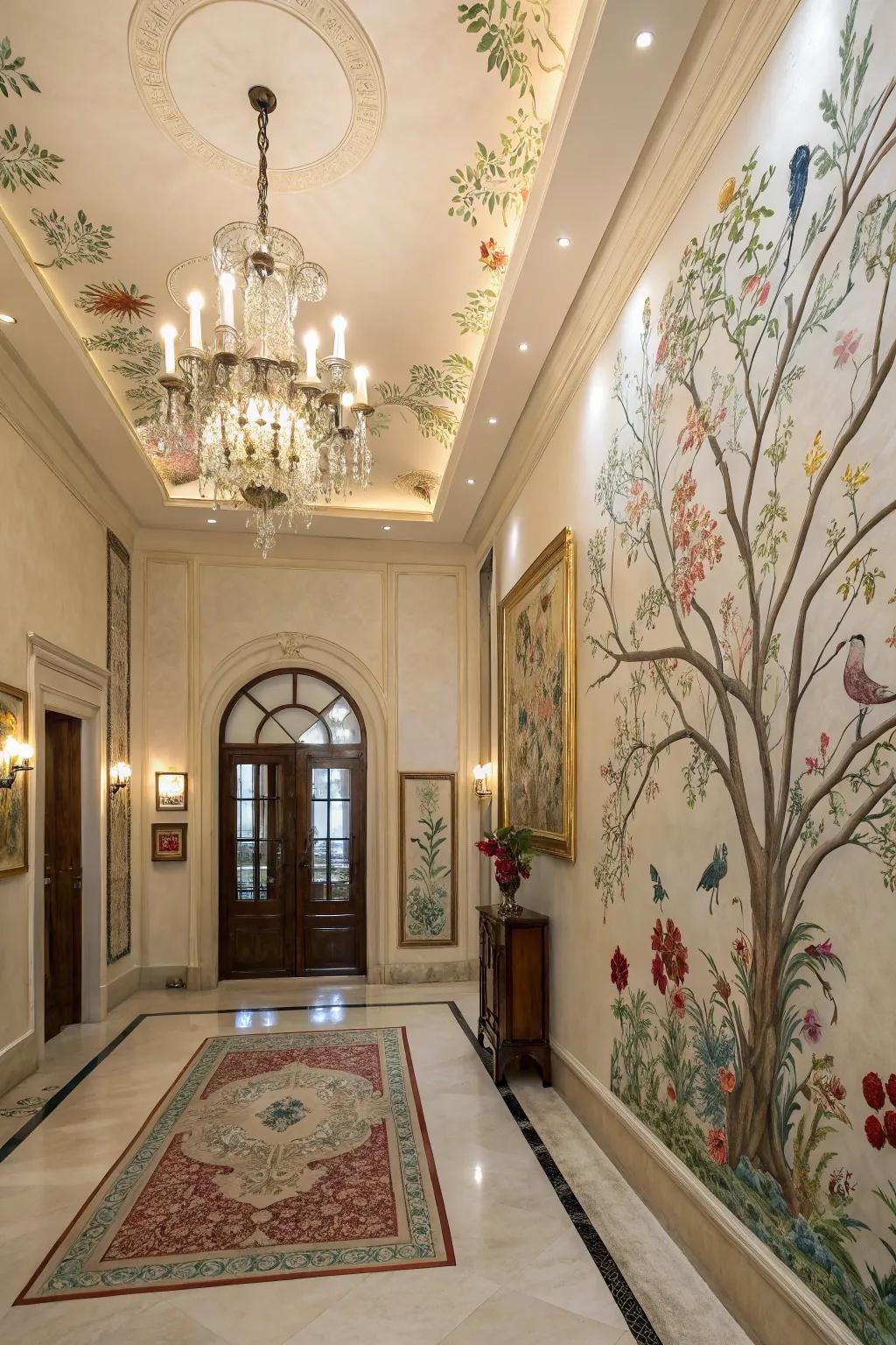 A hand-painted wall painting crafts a grand and captivating entrance.