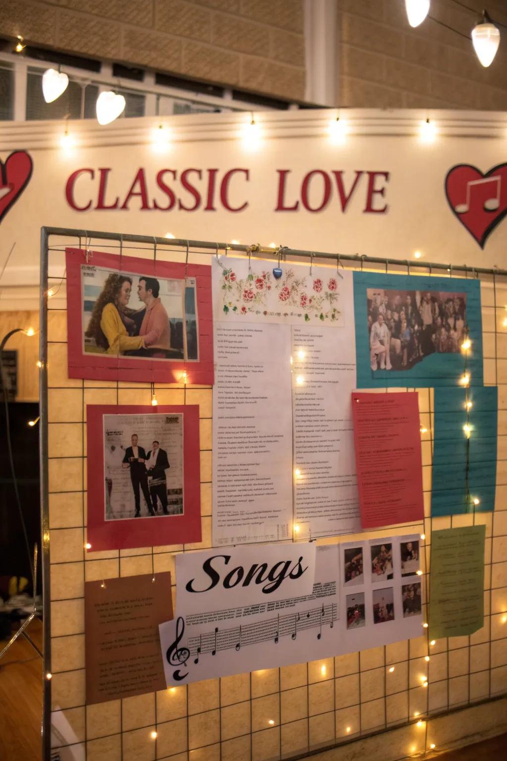 A love song-themed bulletin board featuring musical inscriptions.