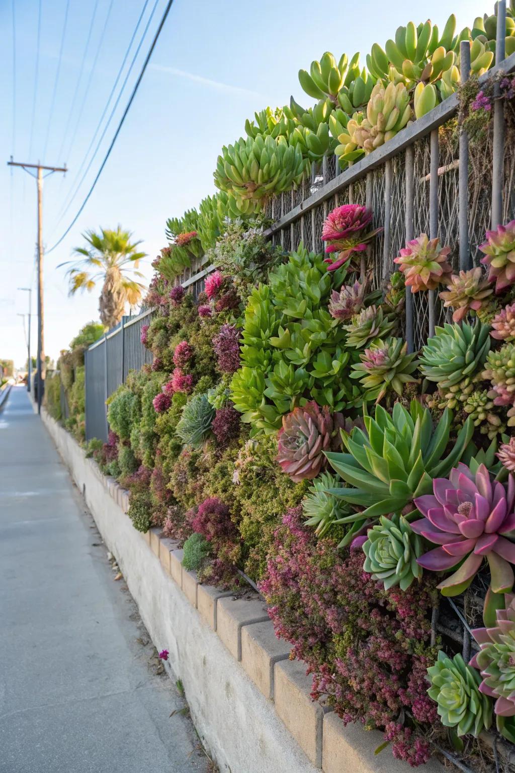 A thick-leaved plant wall is a low-maintenance artistic exhibit.