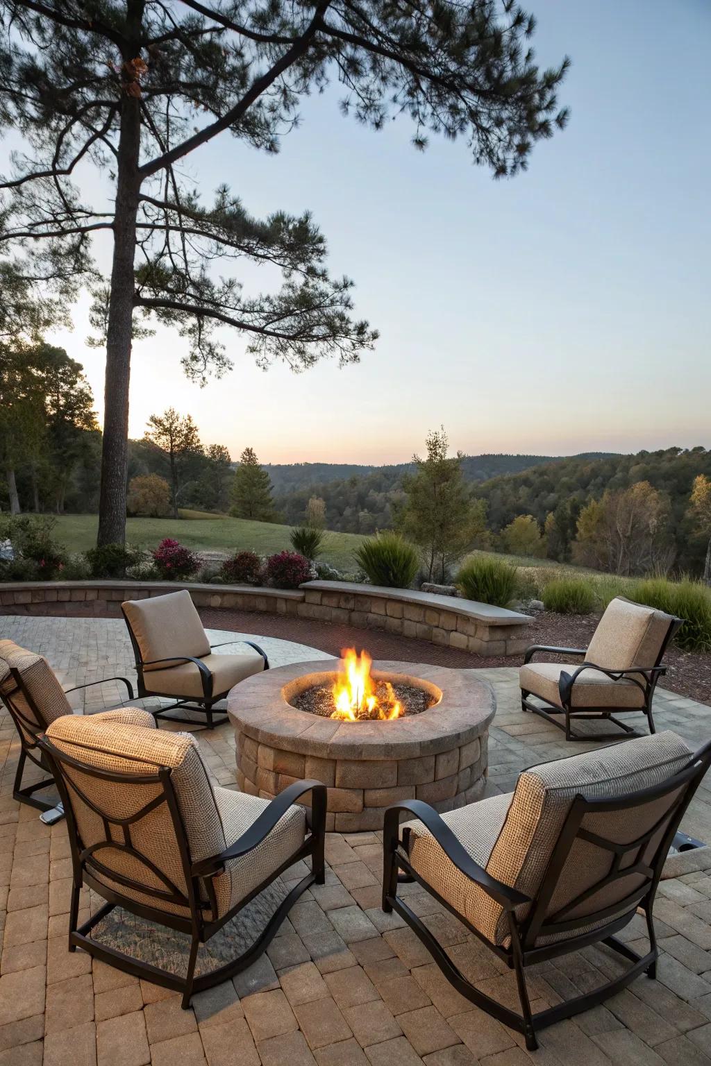 Rotating chairs provide adaptable and engaging seating around the fire pit.