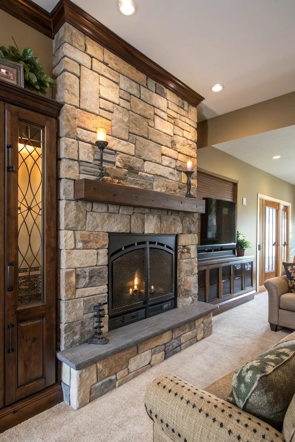 A masterpiece fashioned from mixed constituents upon this stunning fireplace wall.