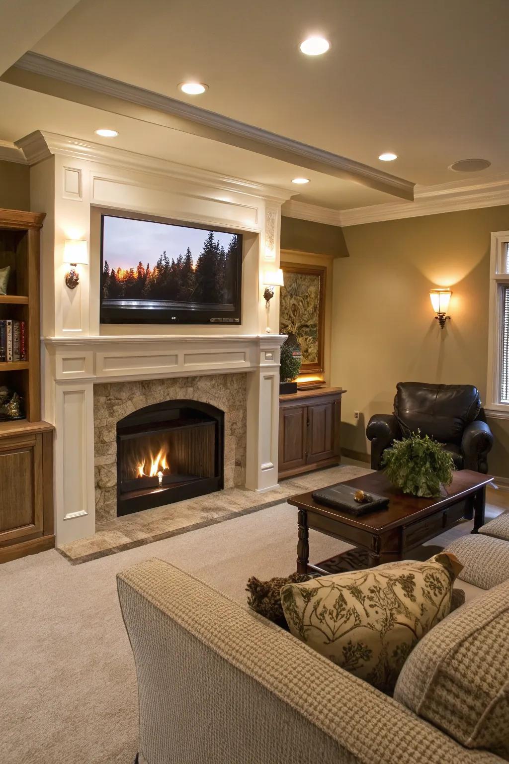 A set-back TV alcove above a fireplace for seamless incorporation.