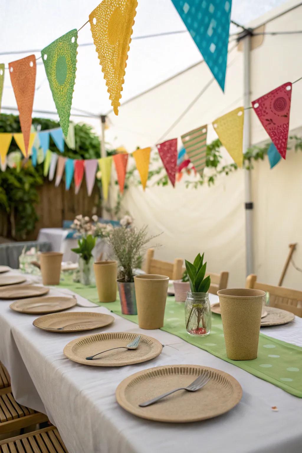 Stylish and sustainable soiree ornamentation integrating reusable and biodegradable constituents.