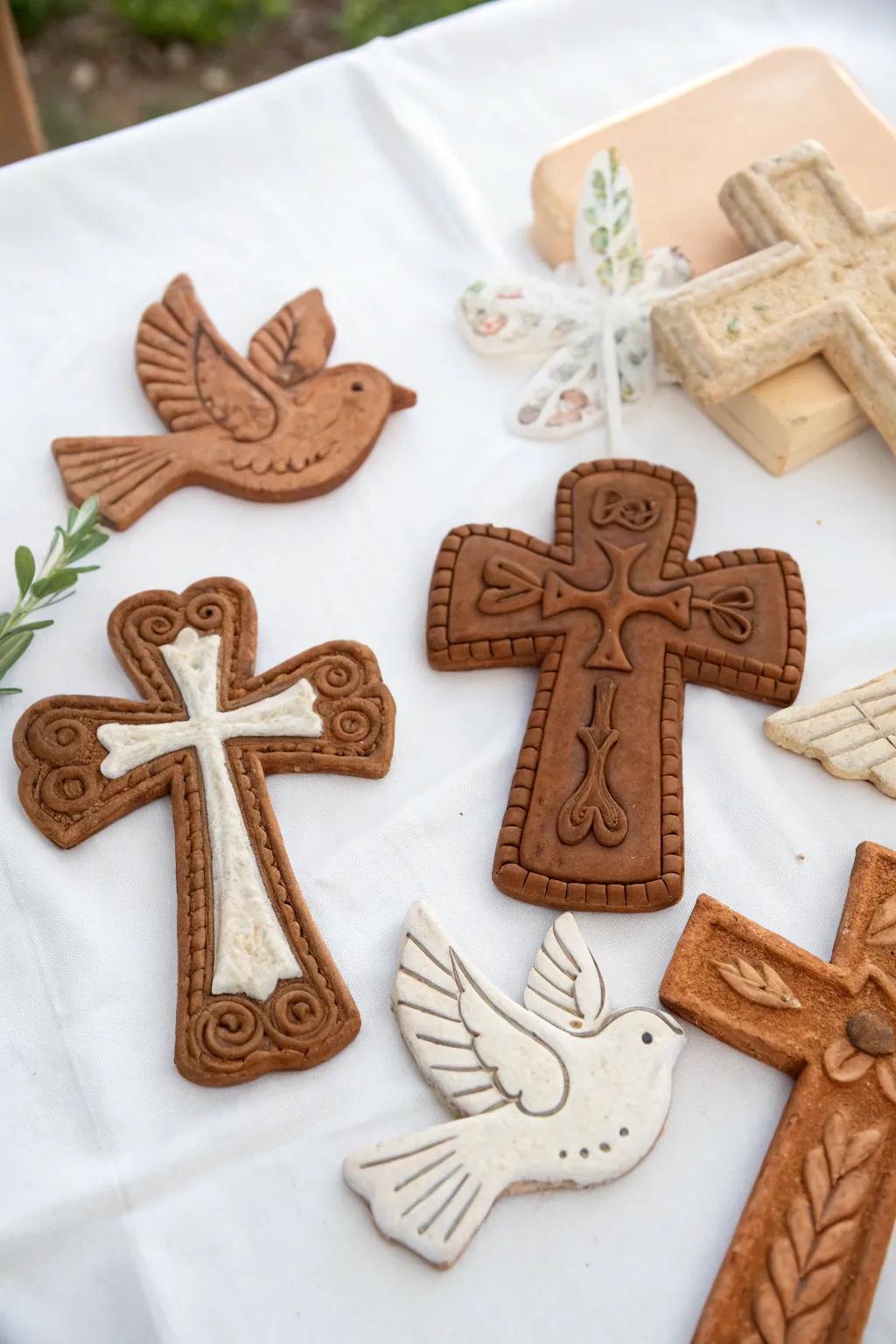 Artisanal sacred symbols add a personal and meaningful touch to the decor.