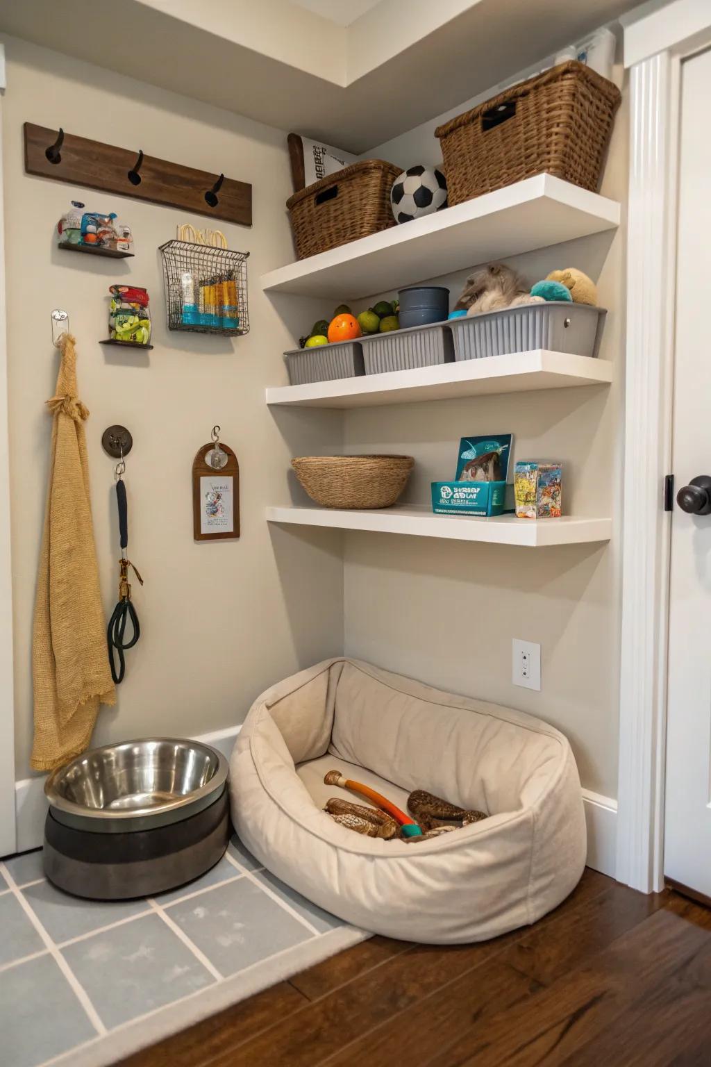 Hanging racks crafting a tidy and chic pet corner.