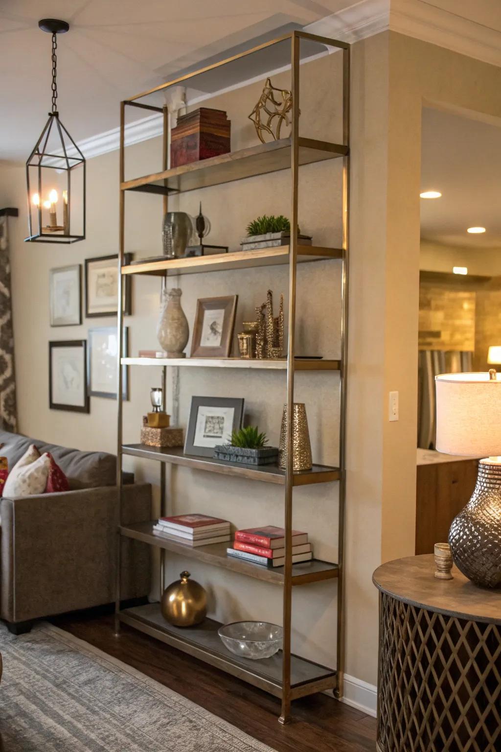 Floating shelves with metallic accents add a touch of glamor
