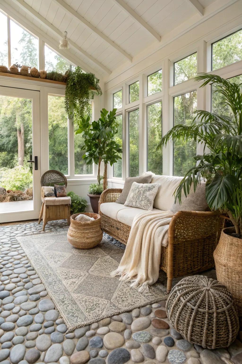 A spa-like sunroom featuring pebble tile flooring.
