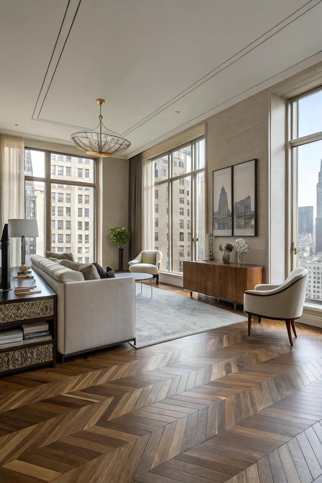 Stylish elegance with angled timber floors.