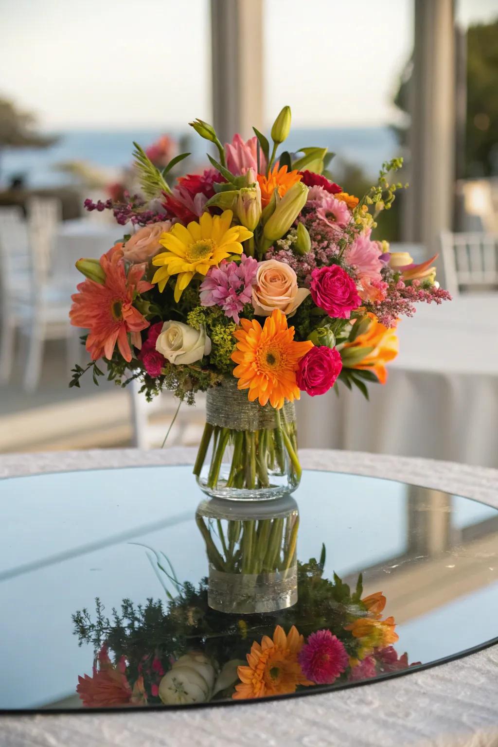 A floral centerpiece on a mirrored surface on a table.