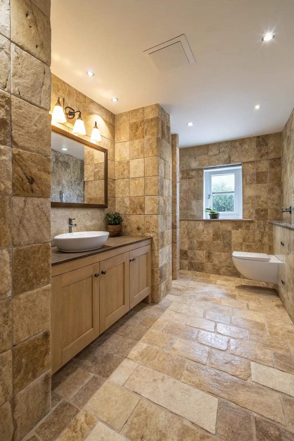 Raw stone tiles add elegance and texture.