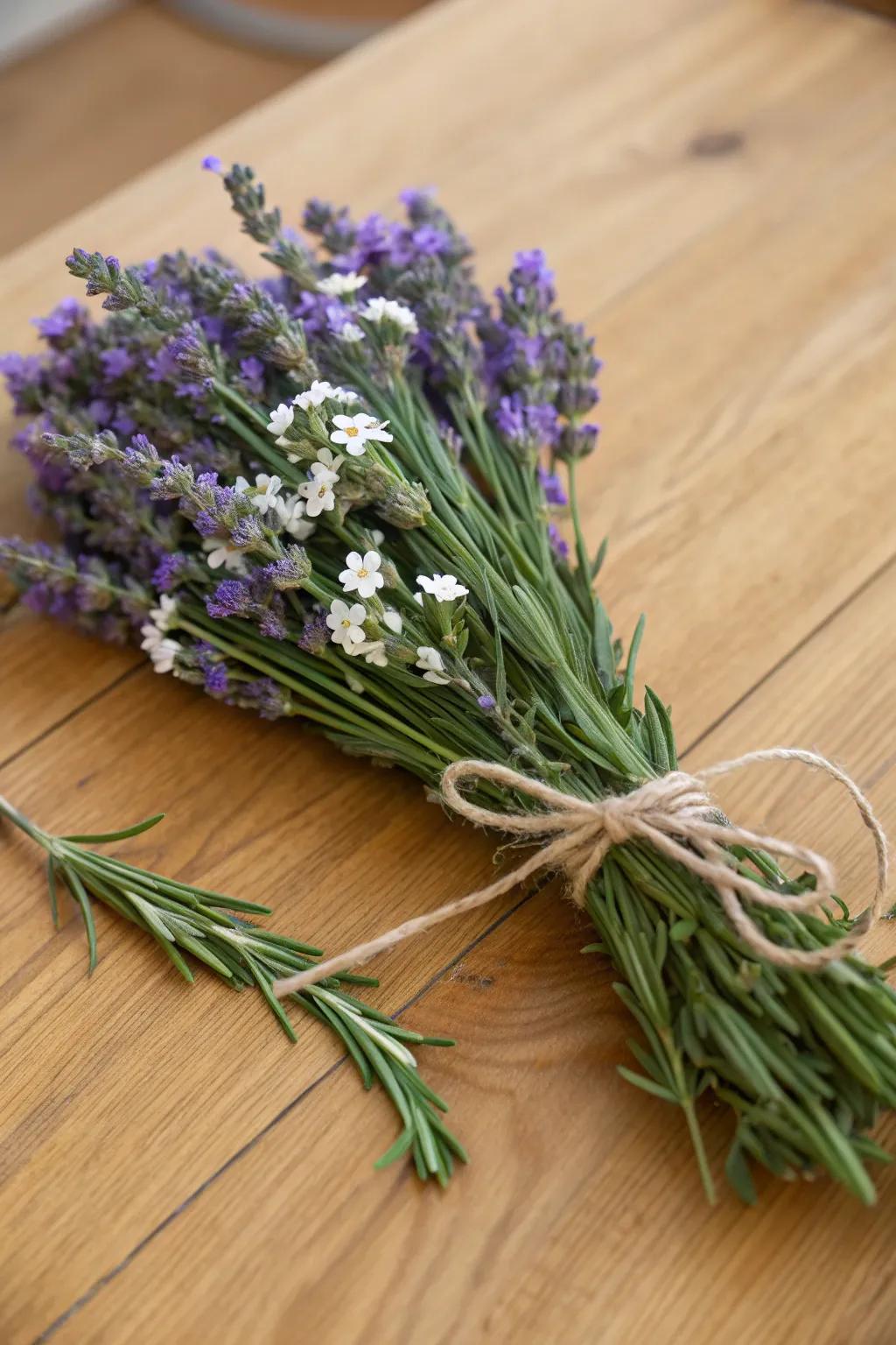 A bouquet which has lavender as well as rosemary.