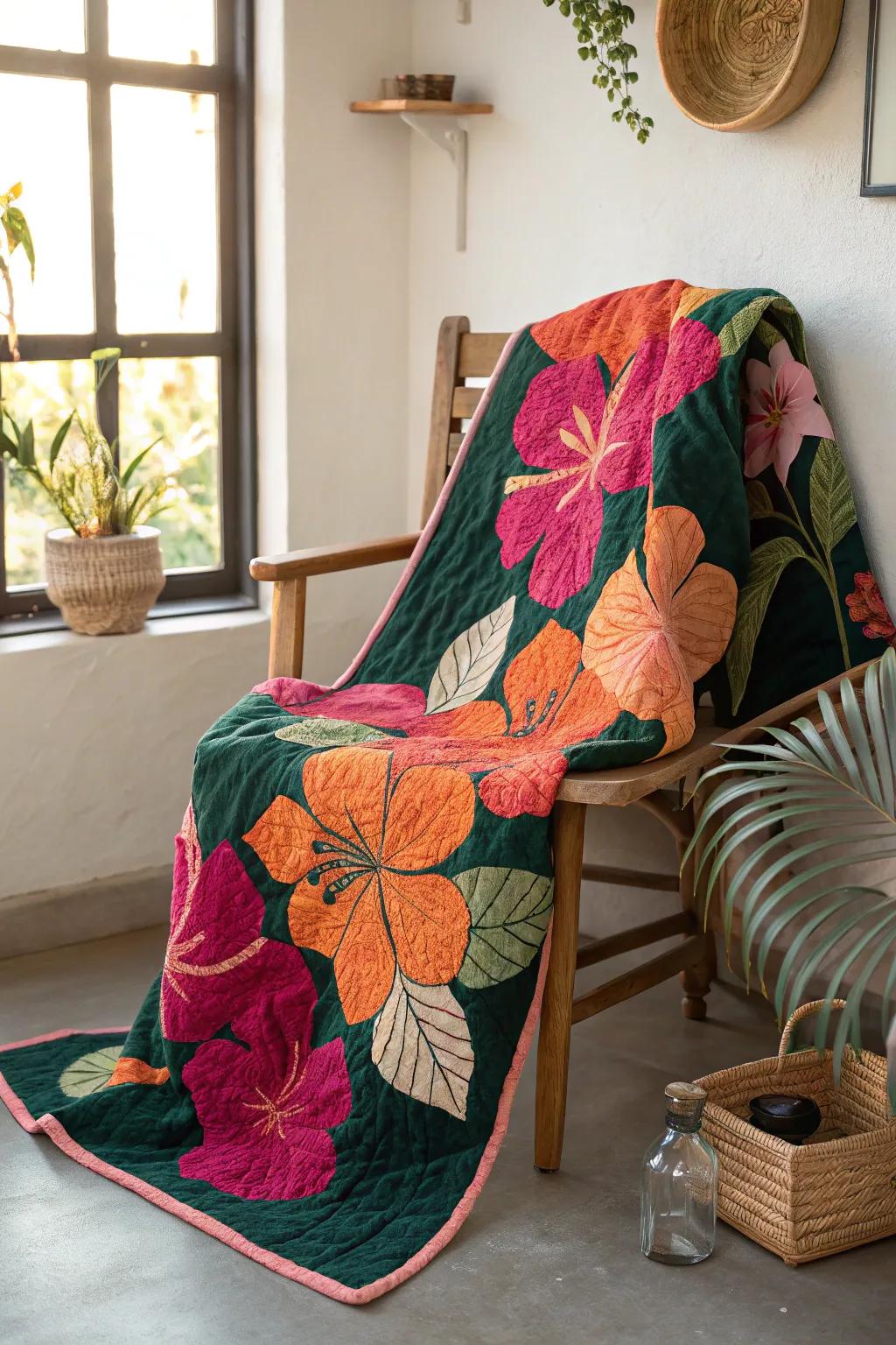 Embrace tropical tranquility with the Rose Mallow Harmony quilt, where vibrant blooms meet minimalist elegance.